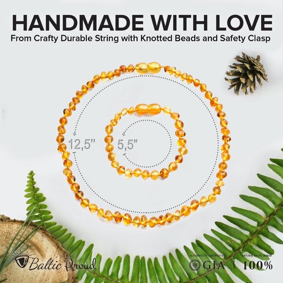 Amber Necklace and Bracelet Gift Set Unisex Honey 12.5 Inches Jewelry - Picture 2 of 5